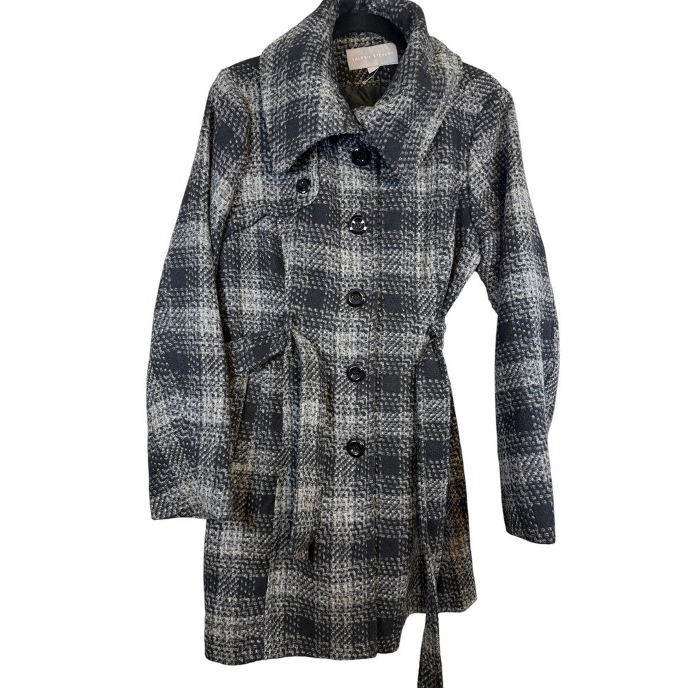 Valerie Stevens Womens Black White Plaid Belted Trench Pea Coat Large
